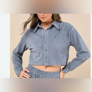 Native Youth Women's Blue Corduroy Cropped  Long Sleeve Button Up size S